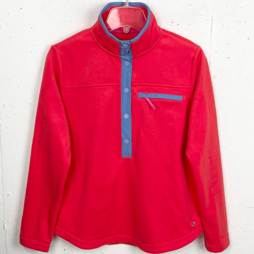 Vineyard Vines Womens 1/4 Snap Up Fleece Pullover Zipper Pocket Dark Pink Small
